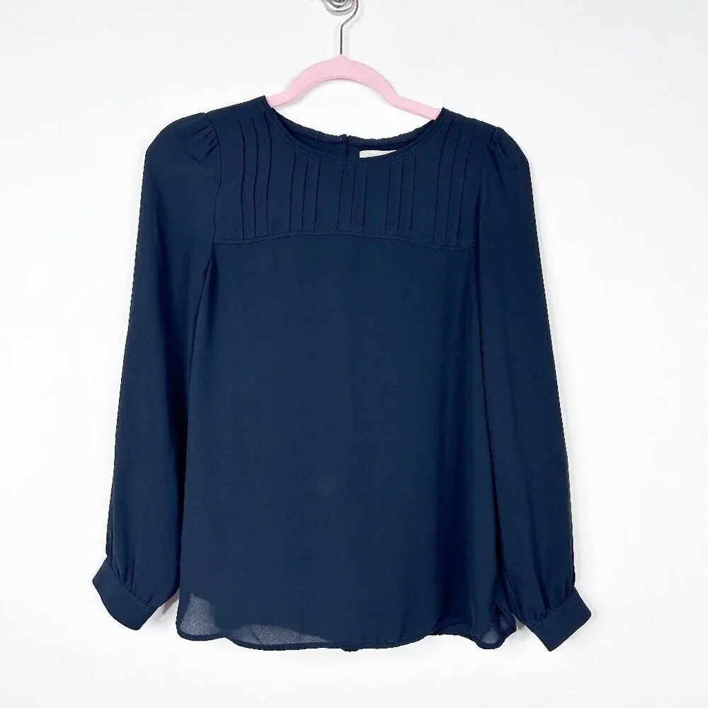2/$30 LOFT Petite Sheer Pleated Puff Sleeve Blouse Black XSP #A1700